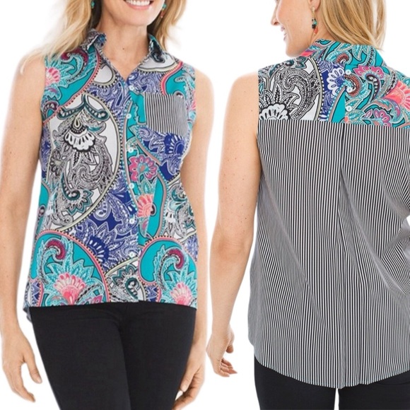Chico’s Shirt Sleeveless No Iron Paisley Button Back 4 S Small 570236886 - Picture 1 of 14